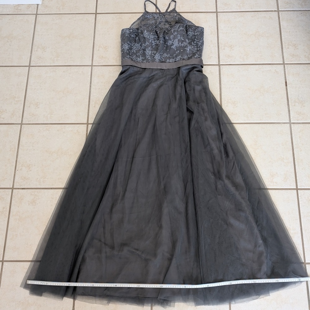 Size L/XL Beaded Grey Silver Cross-Back Mesh Boat Neck Formal Prom Dress Gown - Picture 8 of 15